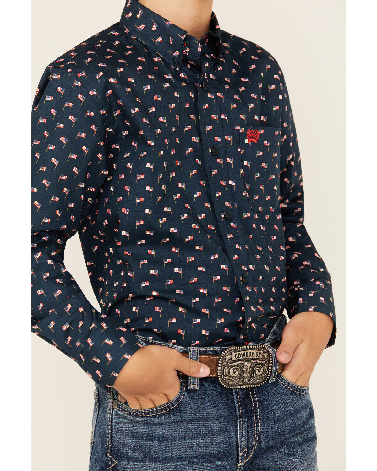 Image #3 - Cinch Boys' Flag Print Long Sleeve Button-Down Western Shirt, Navy, hi-res