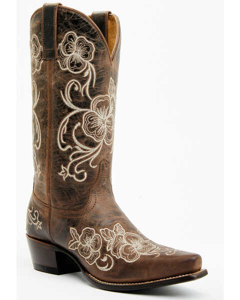 Image #1 - Shyanne Women's Lasy Floral Embroidered Western Boots - Snip Toe , Brown, hi-res