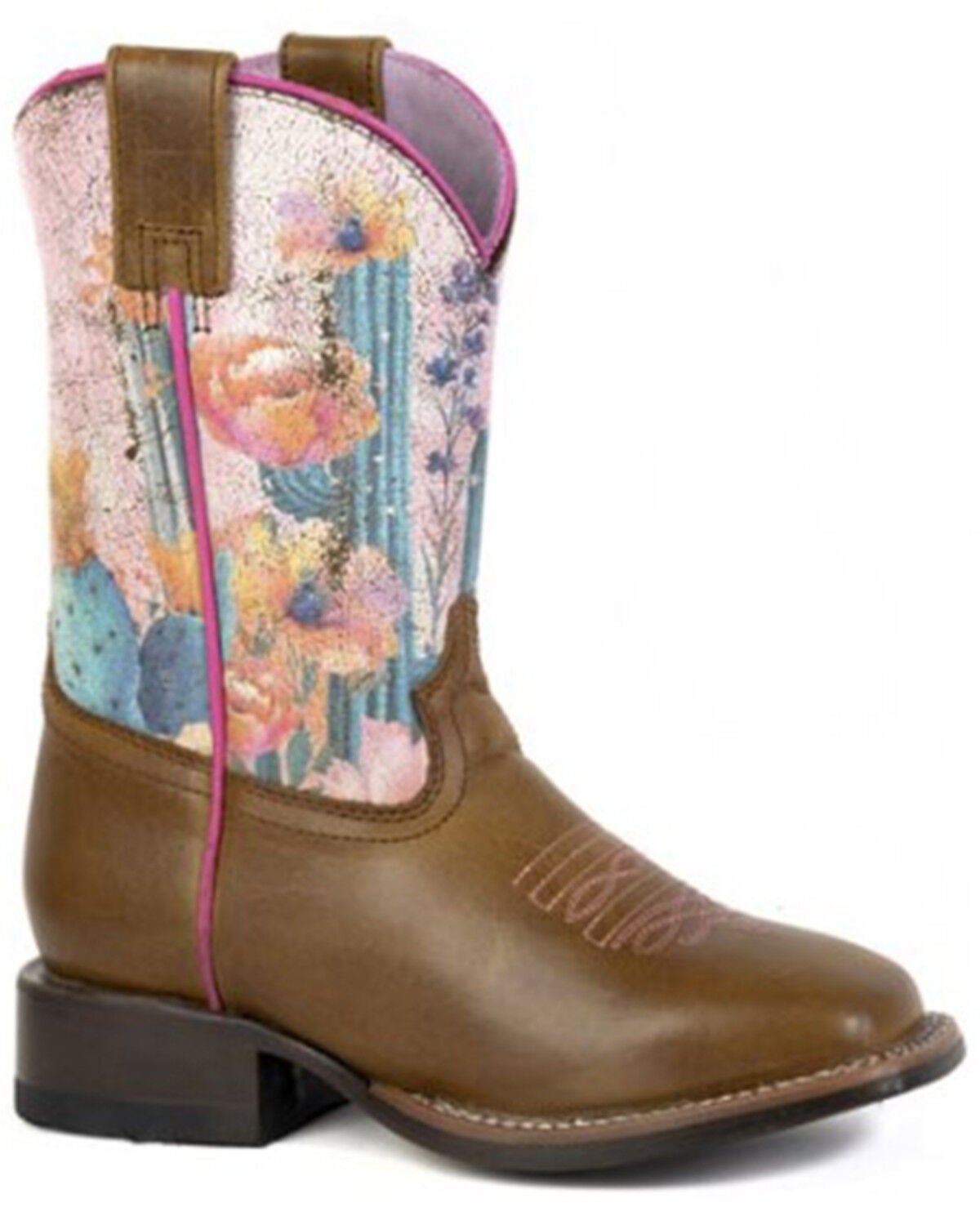 Roper Little Girls' Cactus Flowers Western Boots - Broad Square Toe, Tan, hi-res