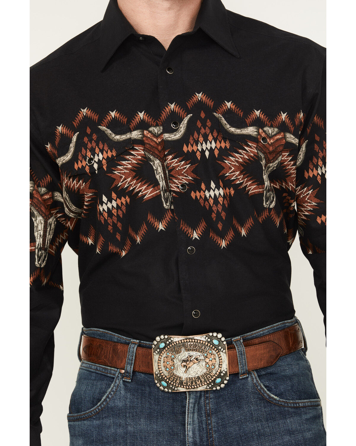 Image #3 - Panhandle Men's Longhorn Border Print Long Sleeve Snap Western Shirt, Black, hi-res
