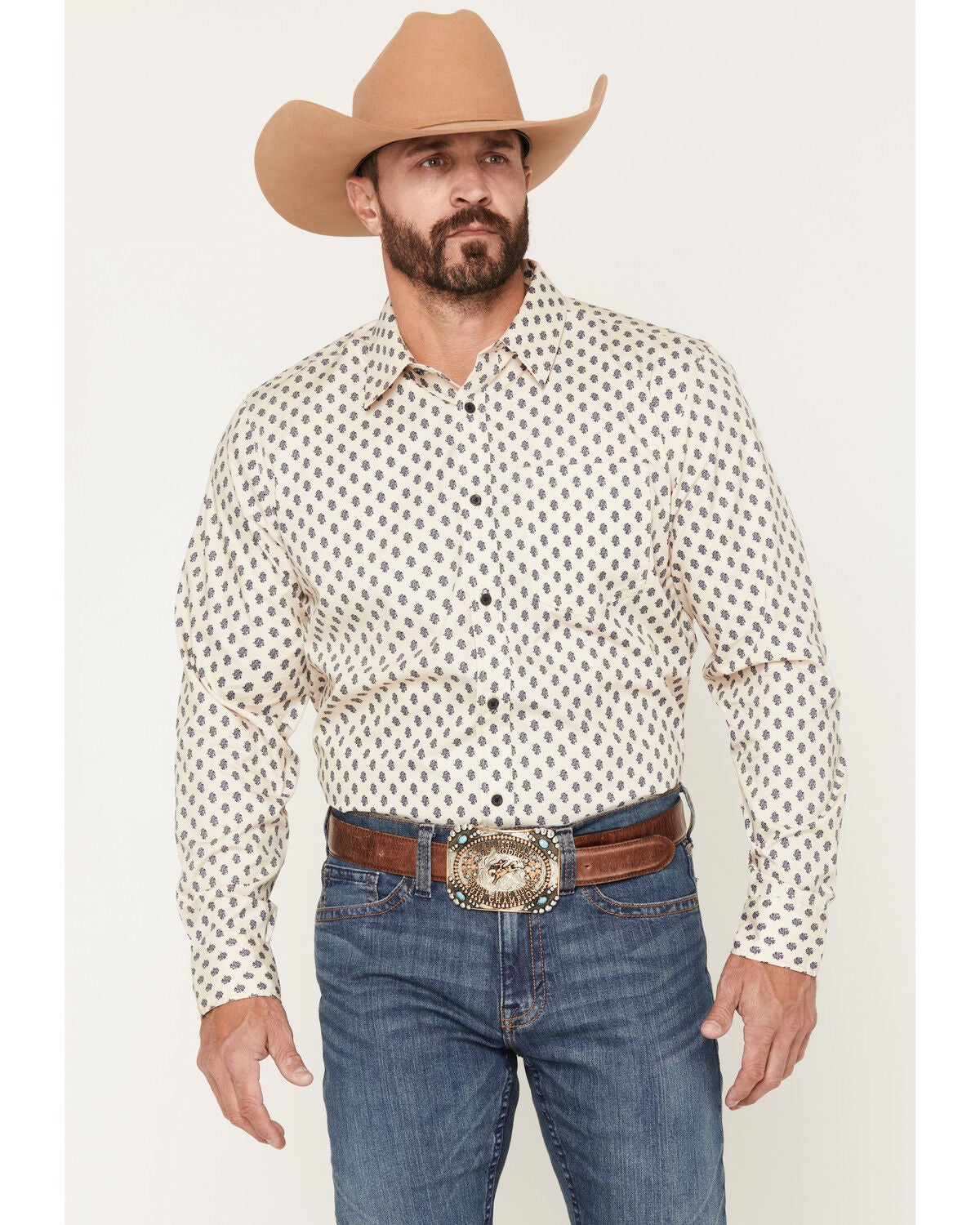 Gibson Trading Co Men's Old West Geo Print Long Sleeve Button-Down Western Shirt, Tan, hi-res