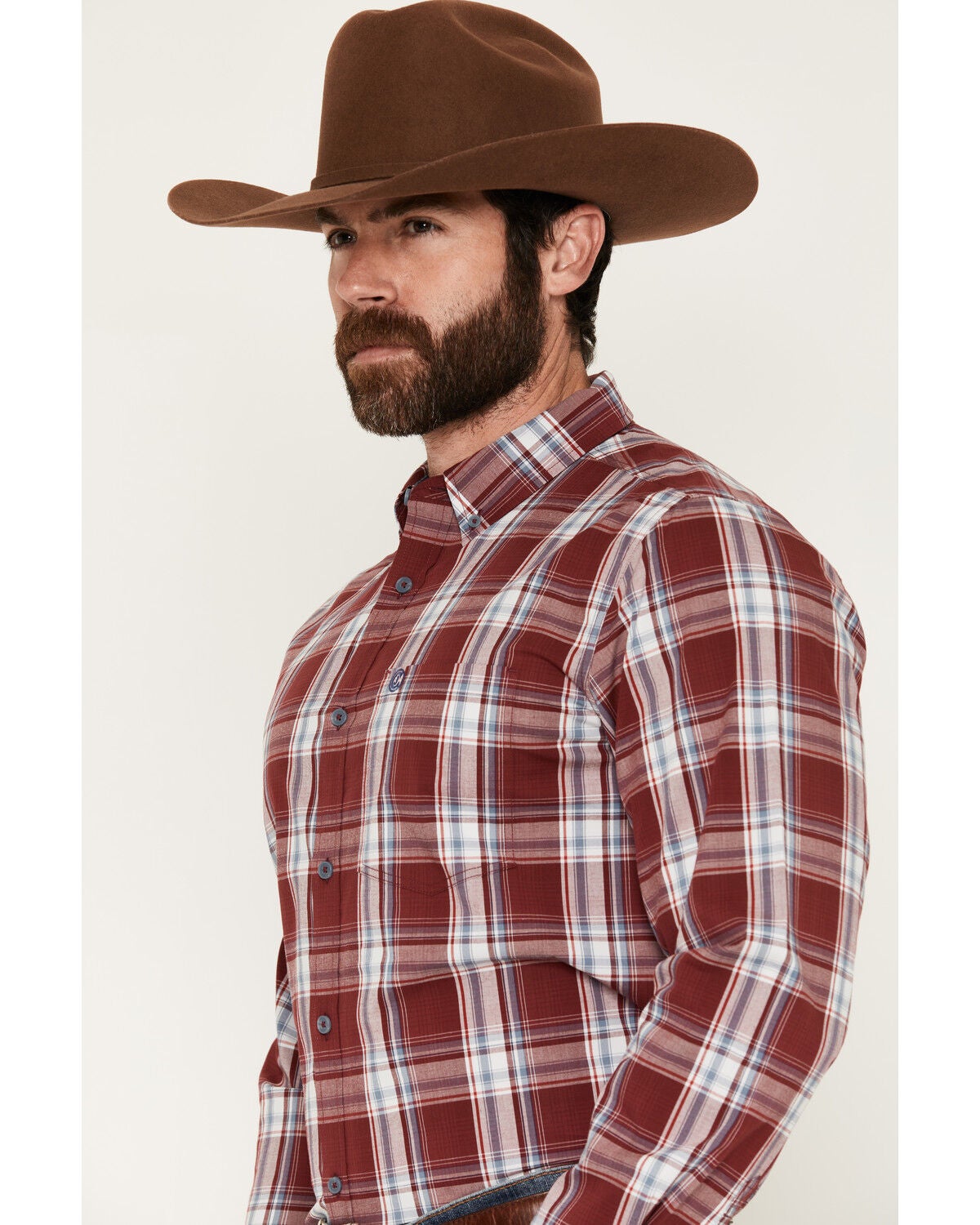 Image #2 - Cody James Men's Ruby Red Plaid Print Long Sleeve Button-Down Stretch Western Shirt, Burgundy, hi-res