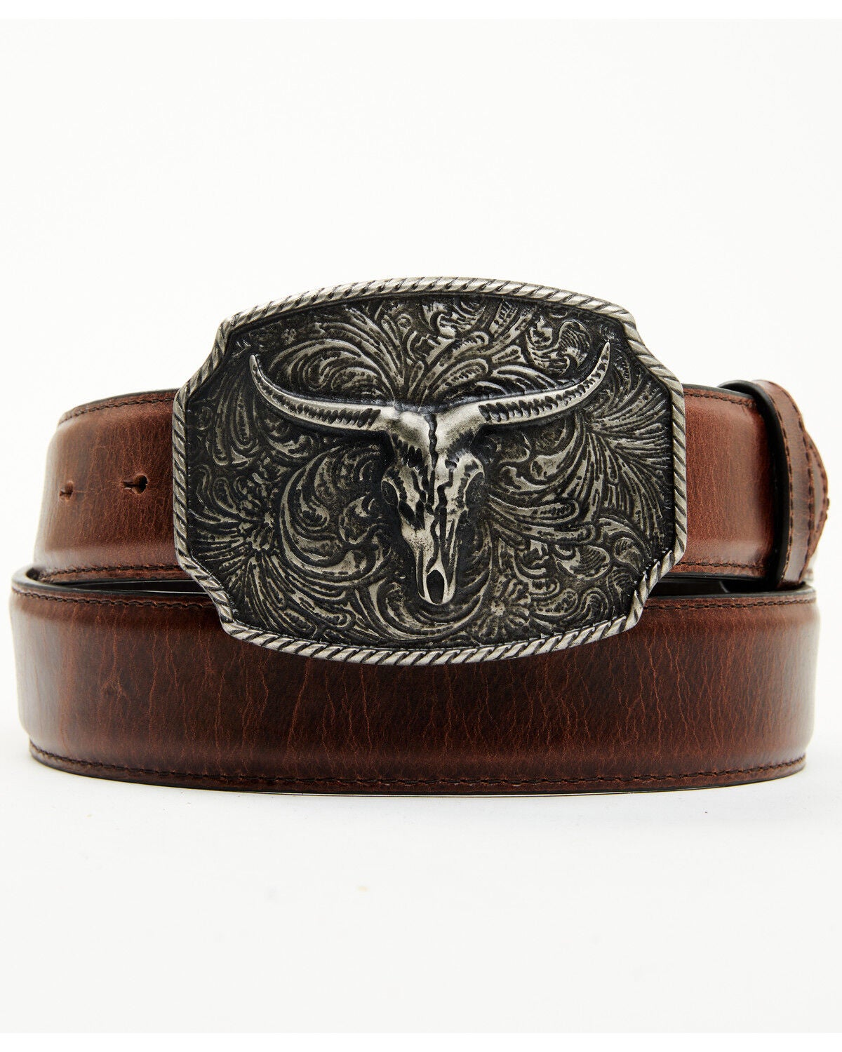 Cody James Men's Longhorn Scroll Buckle Belt, Brown, hi-res