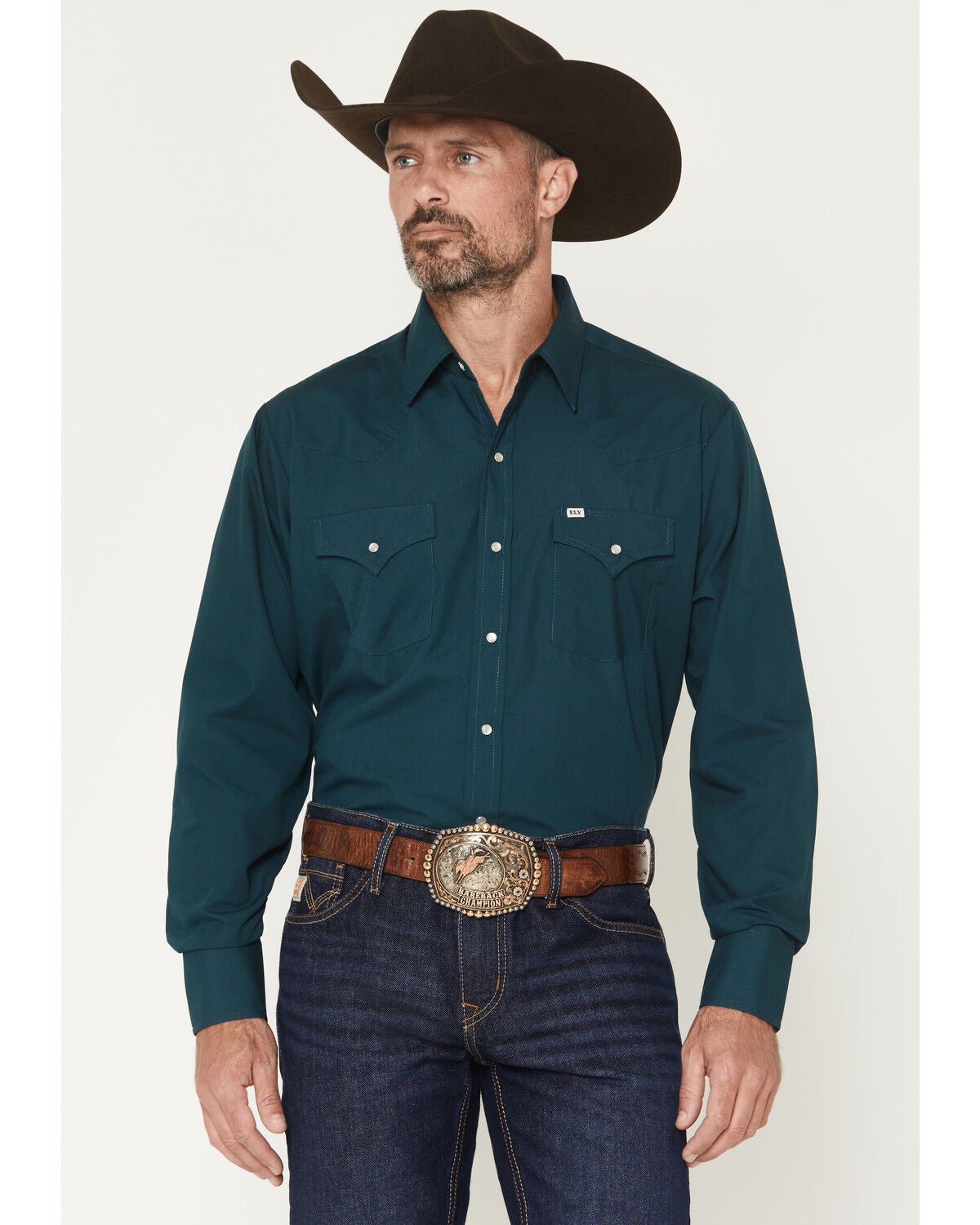 Ely Walker Men's Solid Long Sleeve Pearl Snap Western Shirt, Dark Teal, hi-res