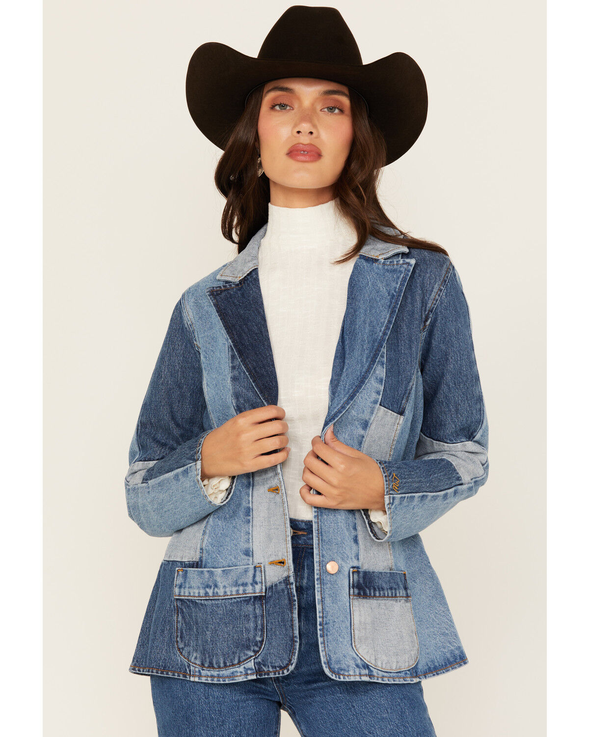 Image #2 - Wrangler x Lainey Wilson Women's Patchwork Denim Blazer, Blue, hi-res