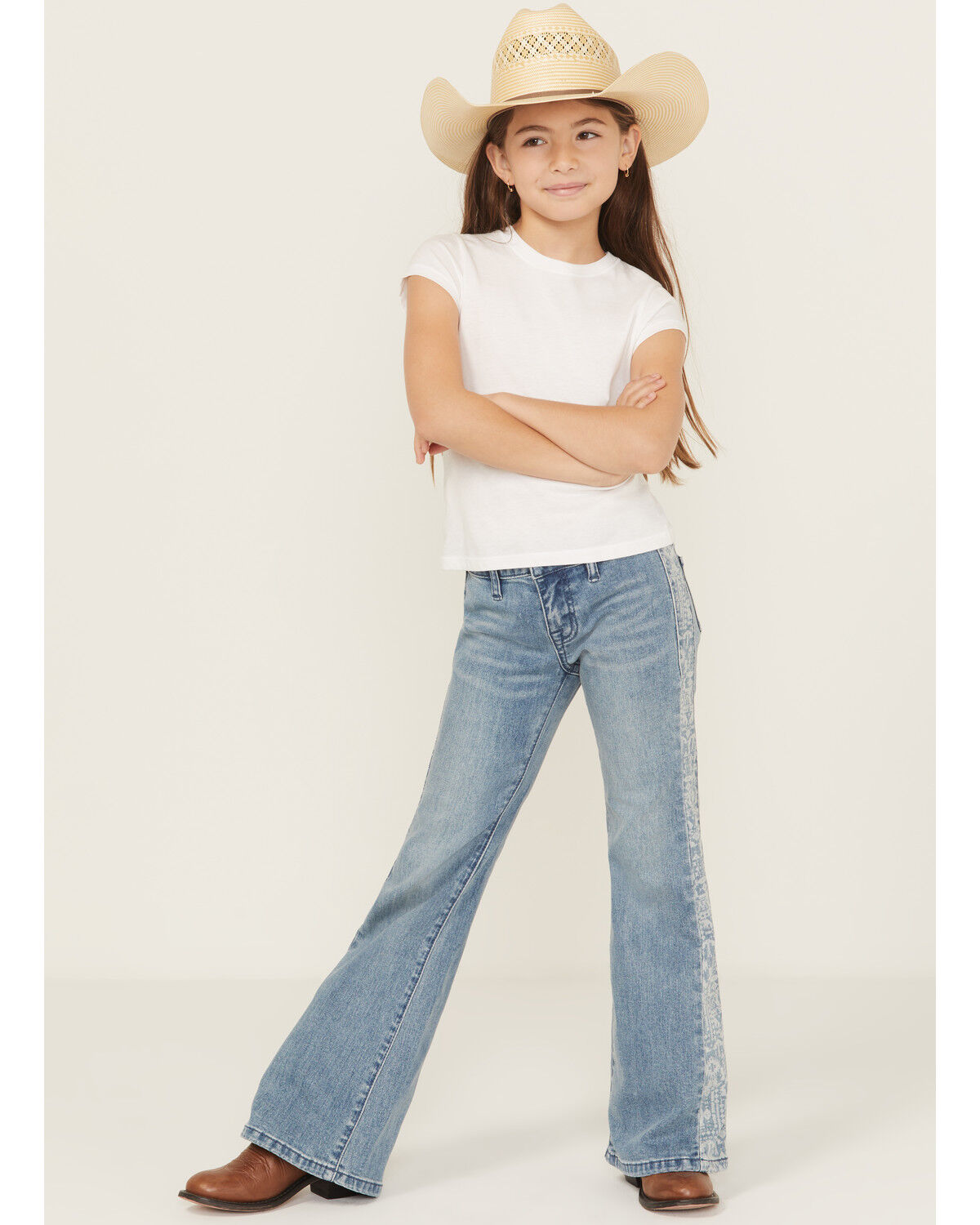 Image #1 - Rock & Roll Denim Girls' Southwestern Print Panel Button Flare Stretch Denim Jeans, Medium Wash, hi-res