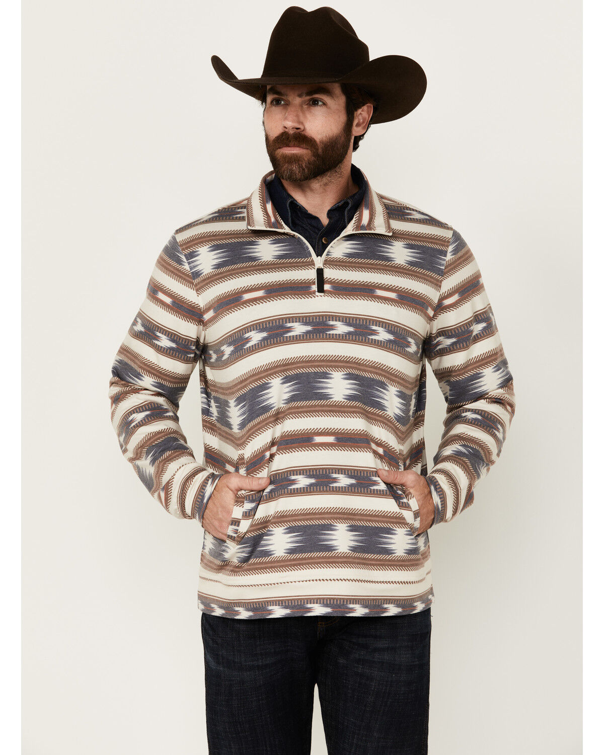 Image #1 - Rock & Roll Denim Men's Striped 1/4 Zip Pullover, Natural, hi-res