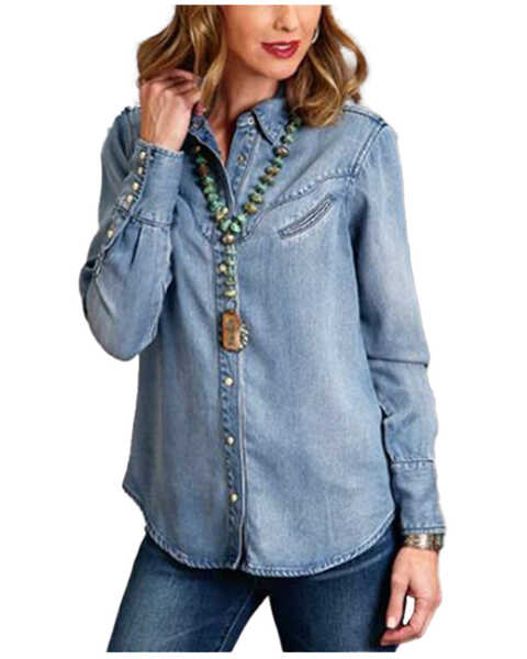 Stetson Women's Solid Denim Long Sleeve Snap Western Shirt , Blue, hi-res