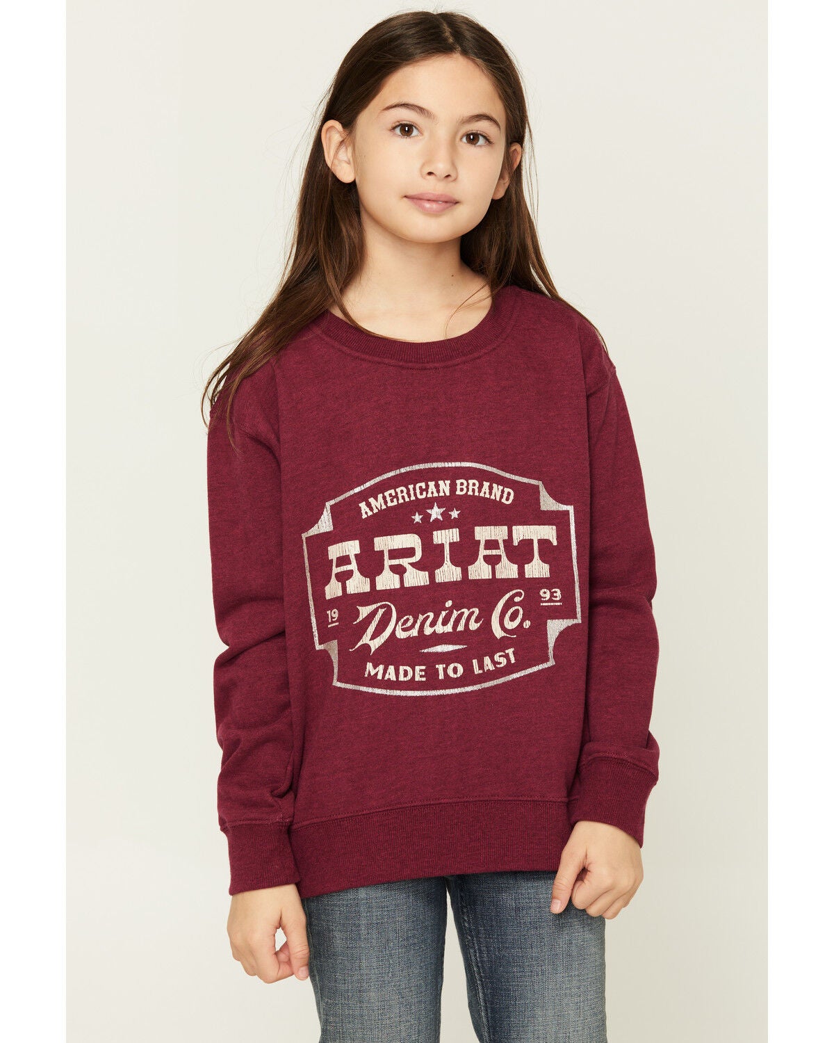 Image #1 - Ariat Girls' Emblem Sweatshirt, Maroon, hi-res