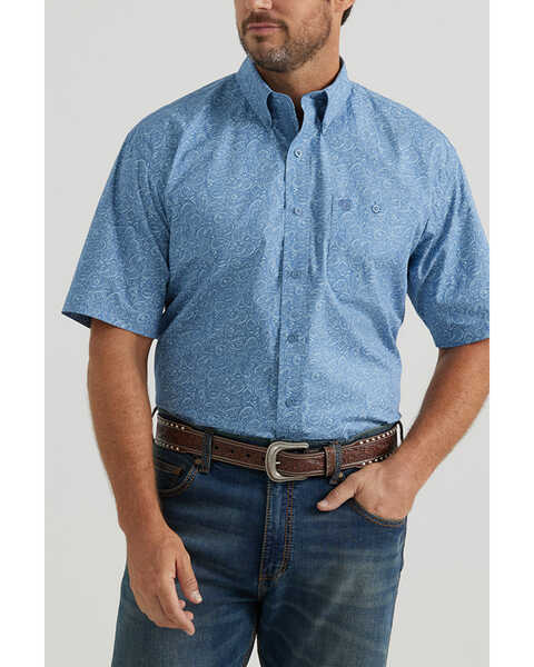 George Strait by Wrangler Men's Paisley Print Short Sleeve Stretch Western Shirt - Tall , Blue, hi-res