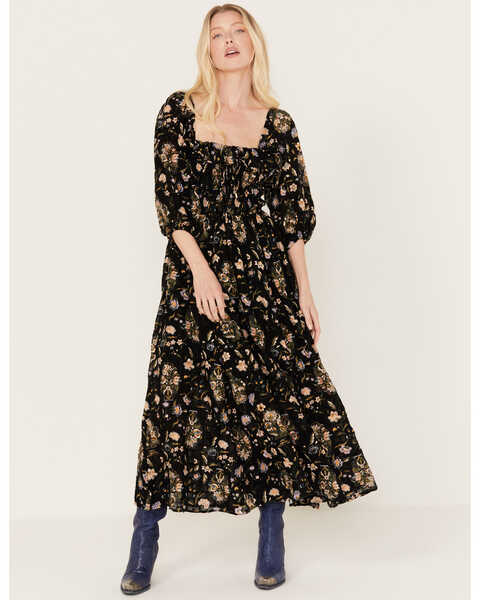 Free People Women's Oasis Floral Print Midi Dress, Black, hi-res