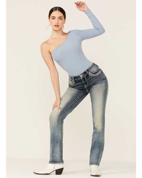 Vigoss Women's Mid Straight Vintage V-Pocket Denim Jeans, Blue, hi-res