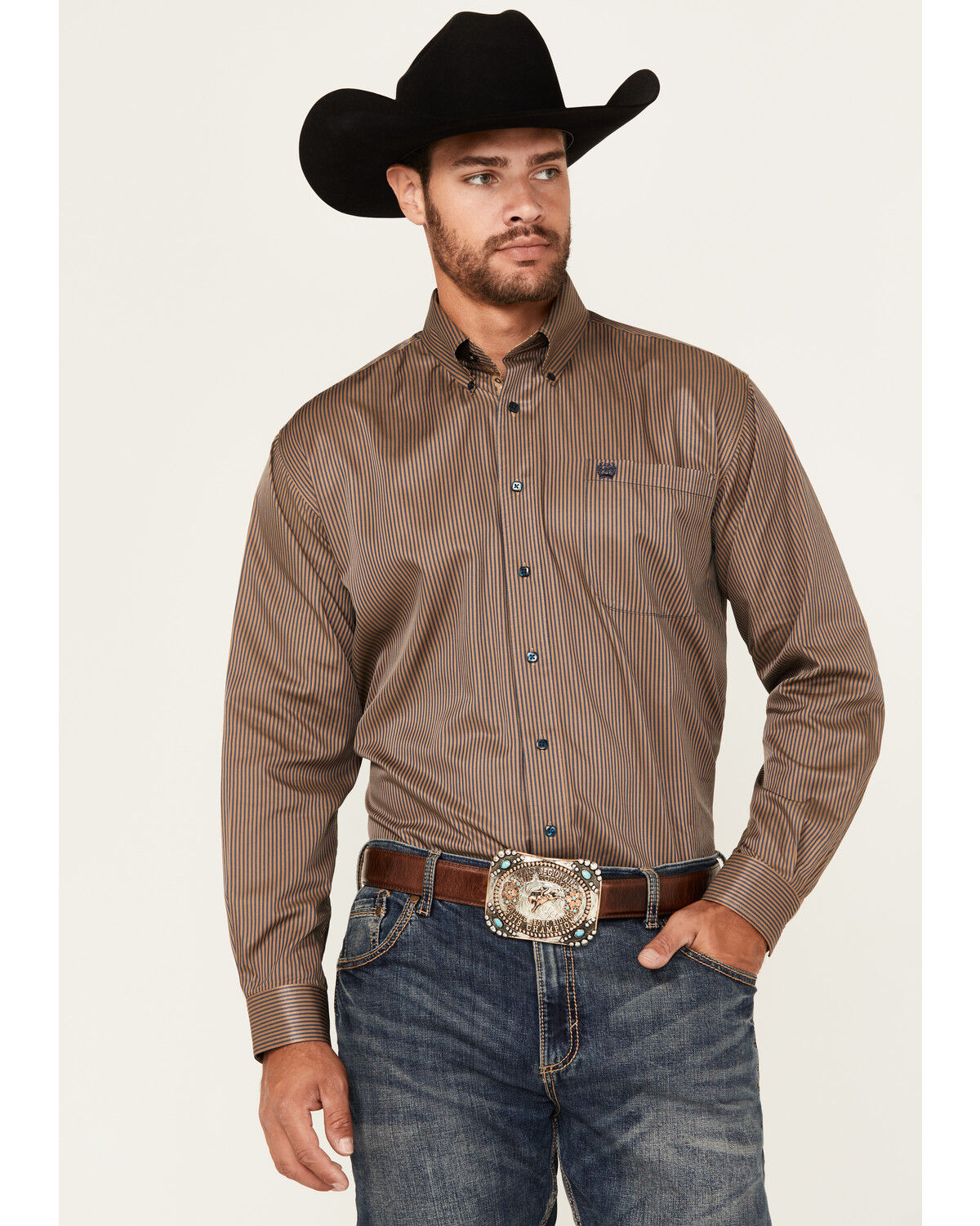 Image #1 - Cinch Men's Mini Striped Print Long Sleeve Button-Down Western Shirt, Brown, hi-res
