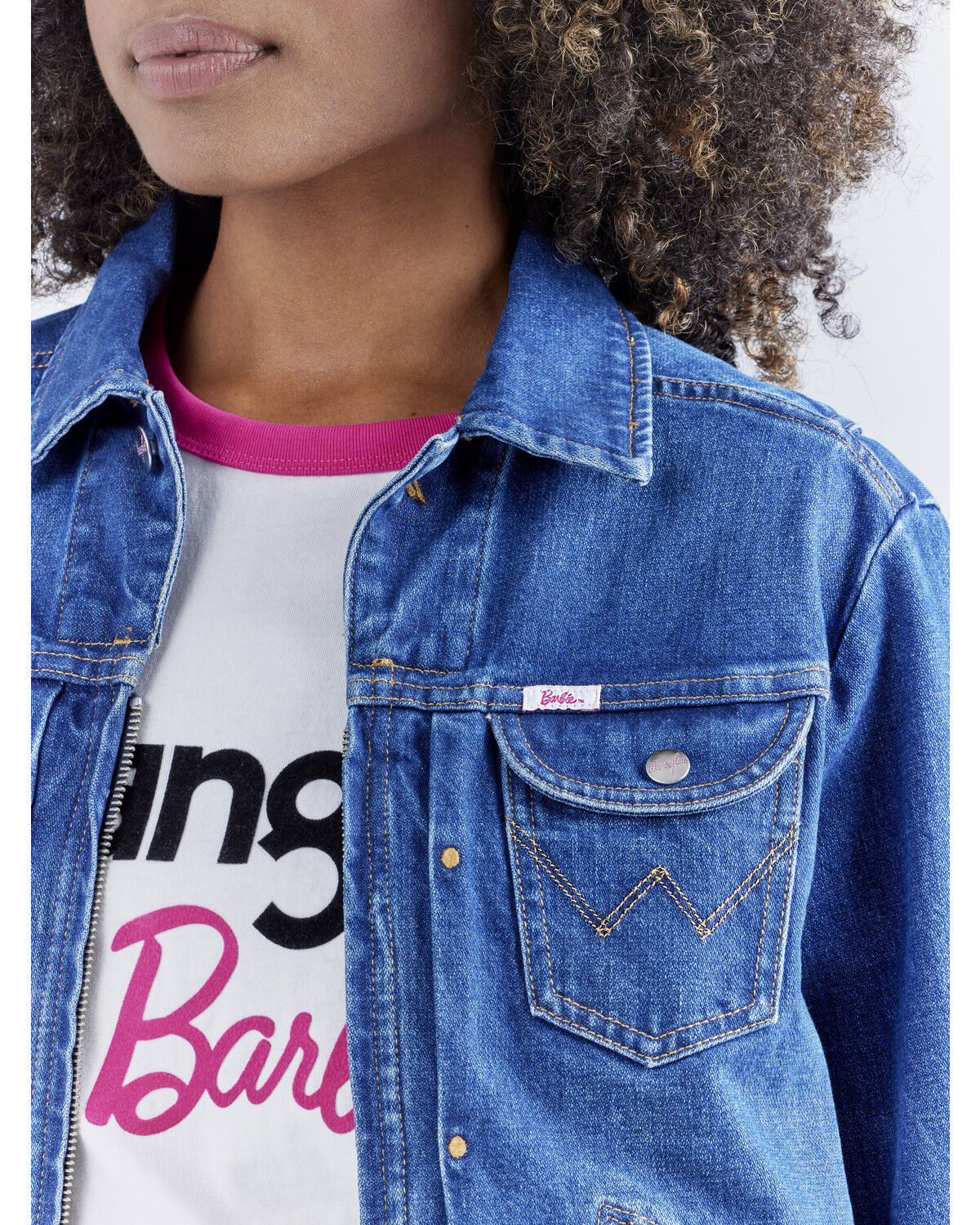 Image #5 - Wrangler® X Barbie™ Women's Dark Wash Barbie™ Logo Zip Front Denim Jacket, Dark Wash, hi-res