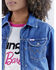 Image #5 - Wrangler® X Barbie™ Women's Dark Wash Barbie™ Logo Zip Front Denim Jacket, Dark Wash, hi-res