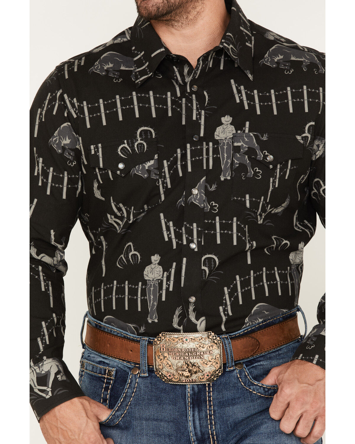 Image #3 - Rock & Roll Denim Panhandle Men's Vintage 46 Print Long Sleeve Snap Shirt, Black, hi-res