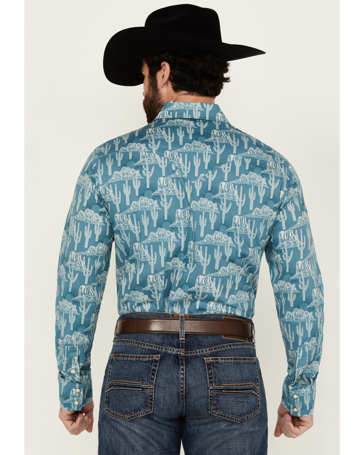 Image #4 - Rock & Roll Denim Men's Cactus Desert Print Long Sleeve Pearl Snap Stretch Western Shirt, Blue, hi-res