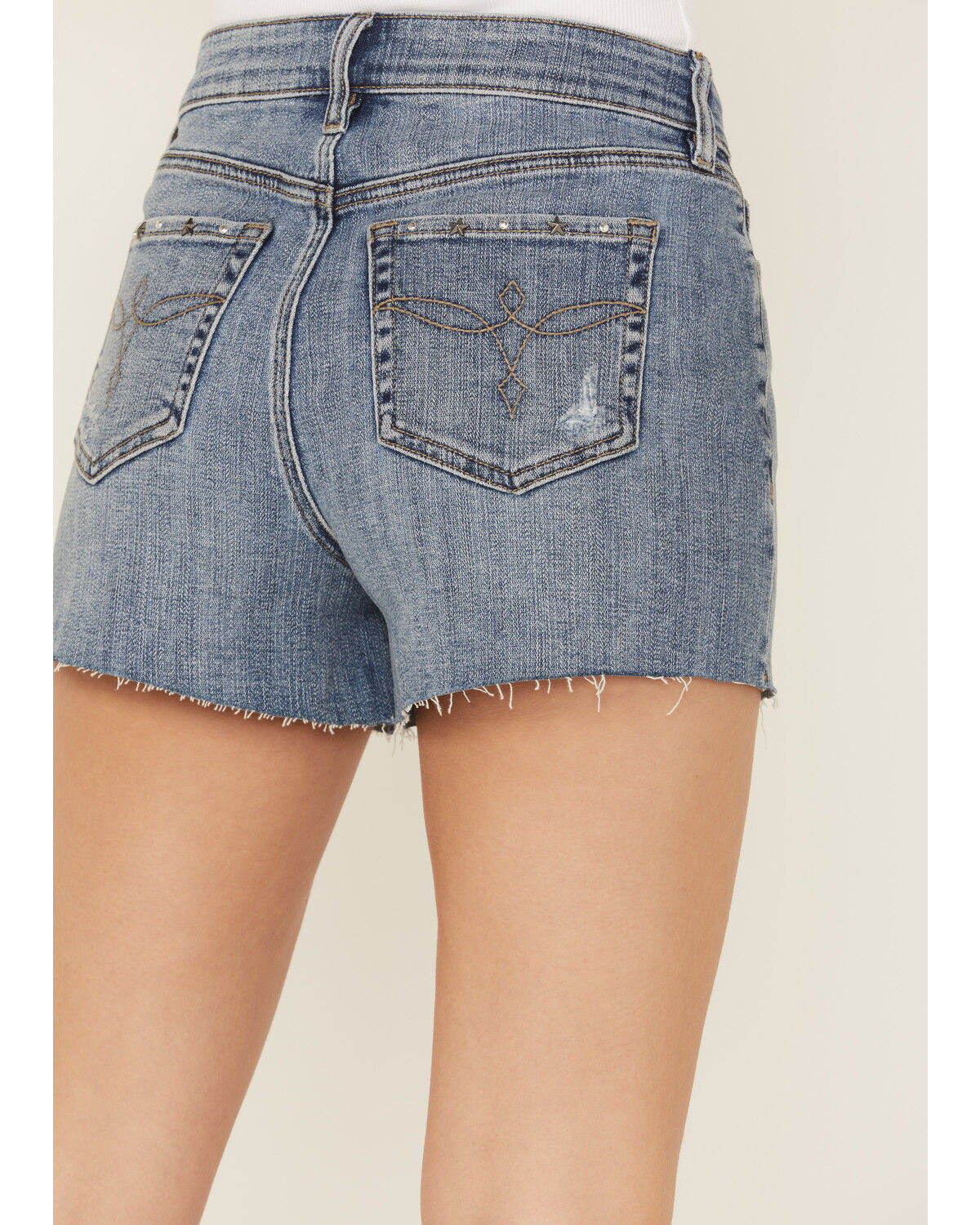 Image #4 - Shyanne Women's Novelty Western Studded Medium Wash High Rise Stretch Denim Shorts, Medium Wash, hi-res