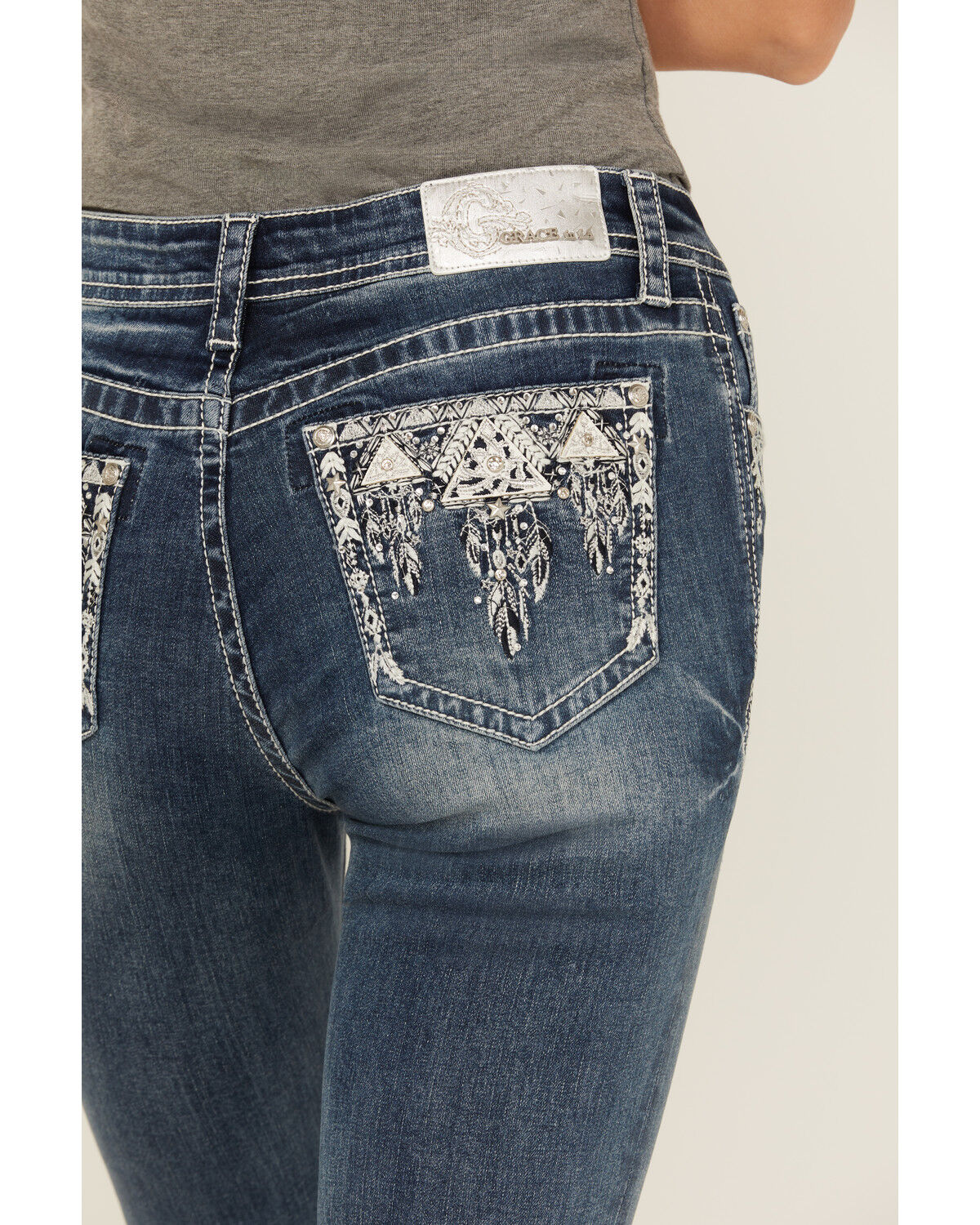 Image #2 - Grace in LA Women's Medium Wash Mid Rise Feather Pocket Bootcut Stretch Denim Jeans, Medium Wash, hi-res