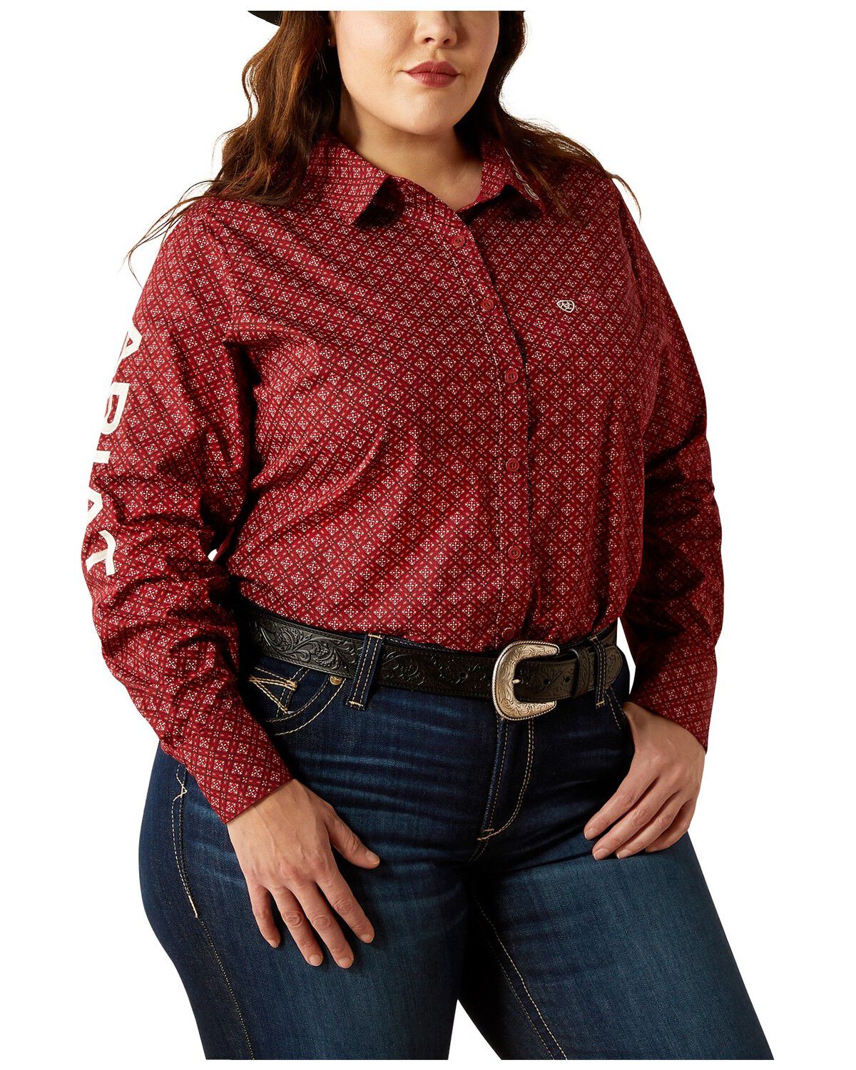 Image #1 - Ariat Women's Team Kirby Geo Print Long Sleeve Button-Down Stretch Western Shirt - Plus, Rust, hi-res