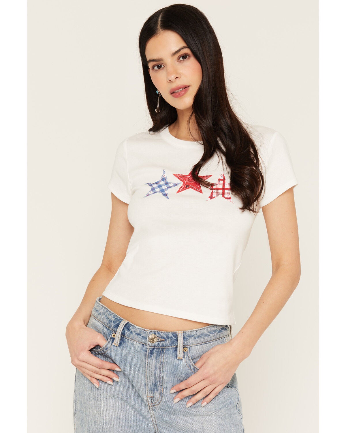Originality Women's Star Patch Baby Tee, White, hi-res