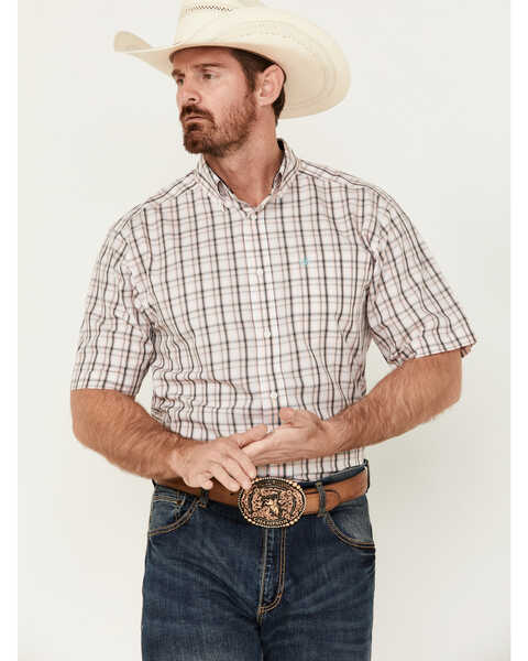 Ariat Men's Wrinkle Free Sage Plaid Print Shirt Sleeve Button-Down Western Shirt - Tall , Peach, hi-res