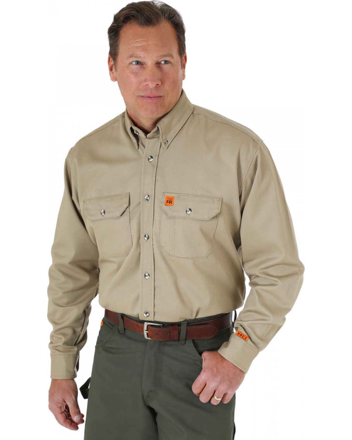 Wrangler Riggs Men's FR Long Sleeve Button Down Work Shirt, Khaki, hi-res