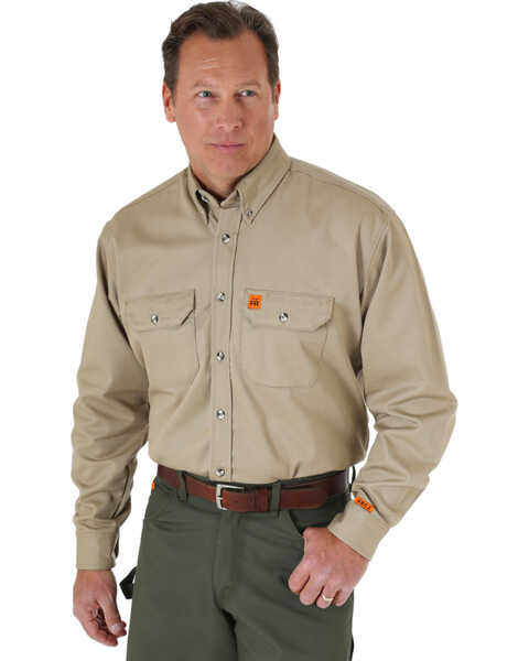Image #1 - Wrangler Riggs Men's FR Long Sleeve Button Down Work Shirt, Khaki, hi-res