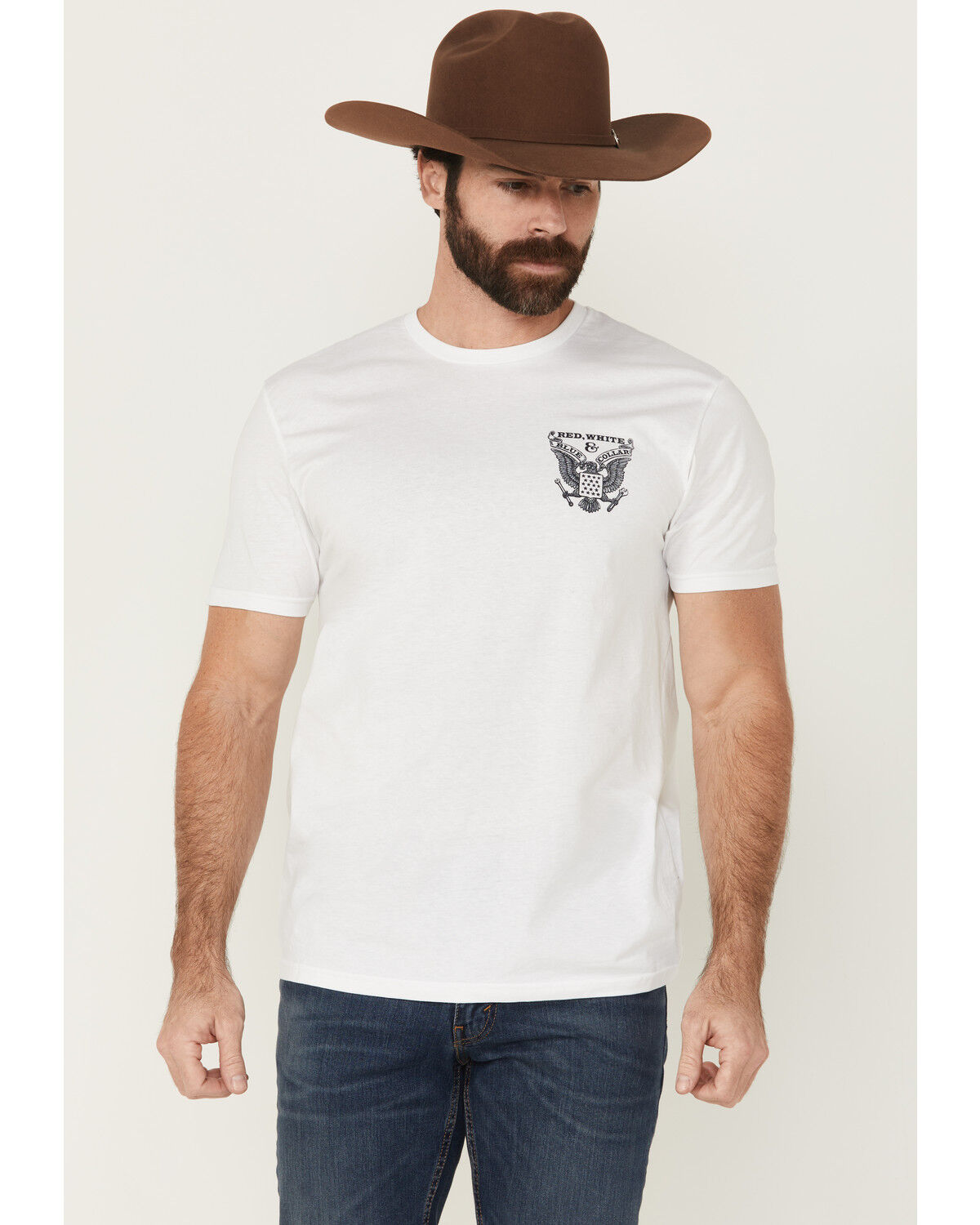 Image #2 - Buckwear Men's Red, White & Blue Collar Short Sleeve Graphic T-Shirt, White, hi-res