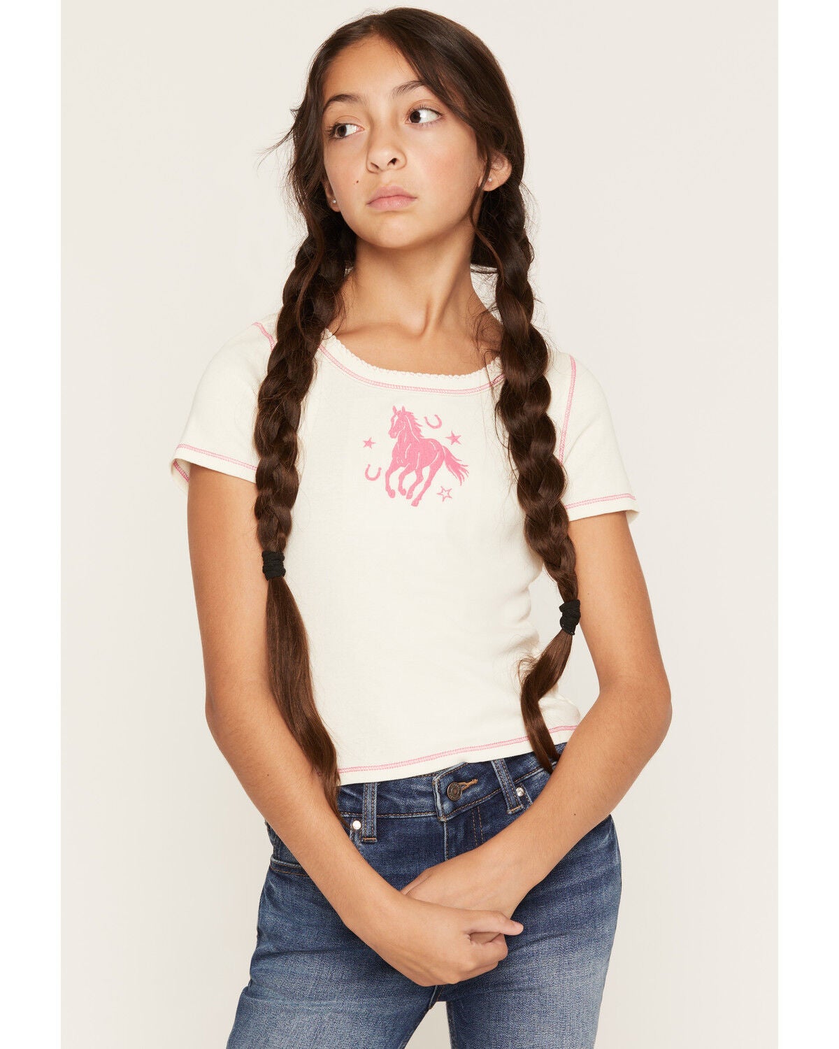 Self Esteem Girls Horse Embroidered Short Sleeve Tee, Off White, hi-res