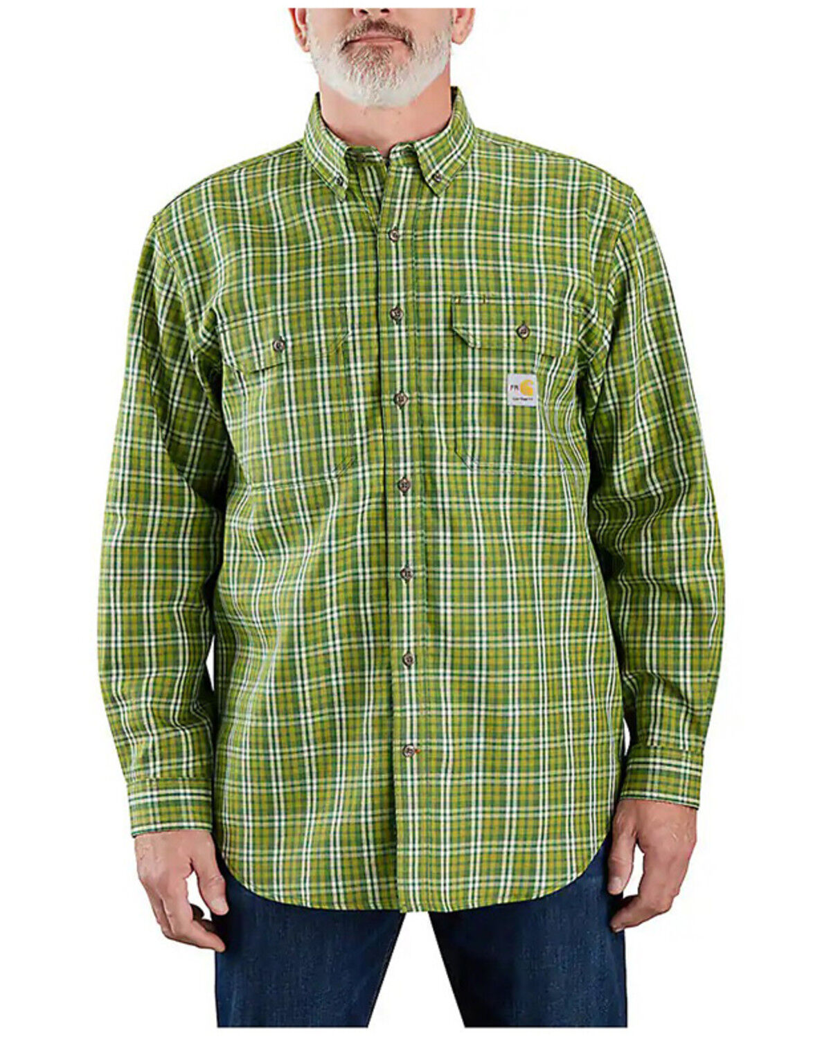 Image #1 - Carhartt Men's FR Force Rugged Flex® Loose Fit Midweight Twill Plaid Print Long Sleeve Button-Down Work Shirt, Dark Green, hi-res
