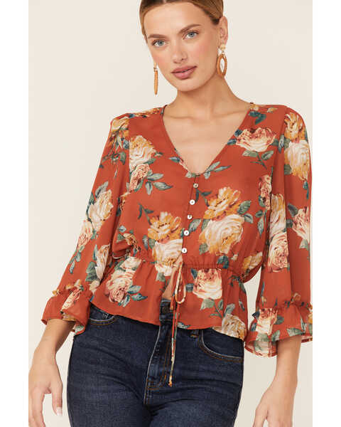 Image #3 - Wild Moss Women's Rust Floral Chiffon Bell Sleeve Blouse, Rust Copper, hi-res
