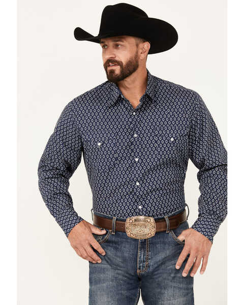 Roper Men's West Made Geo Print Long Sleeve Pearl Snap Western Shirt, Dark Blue, hi-res
