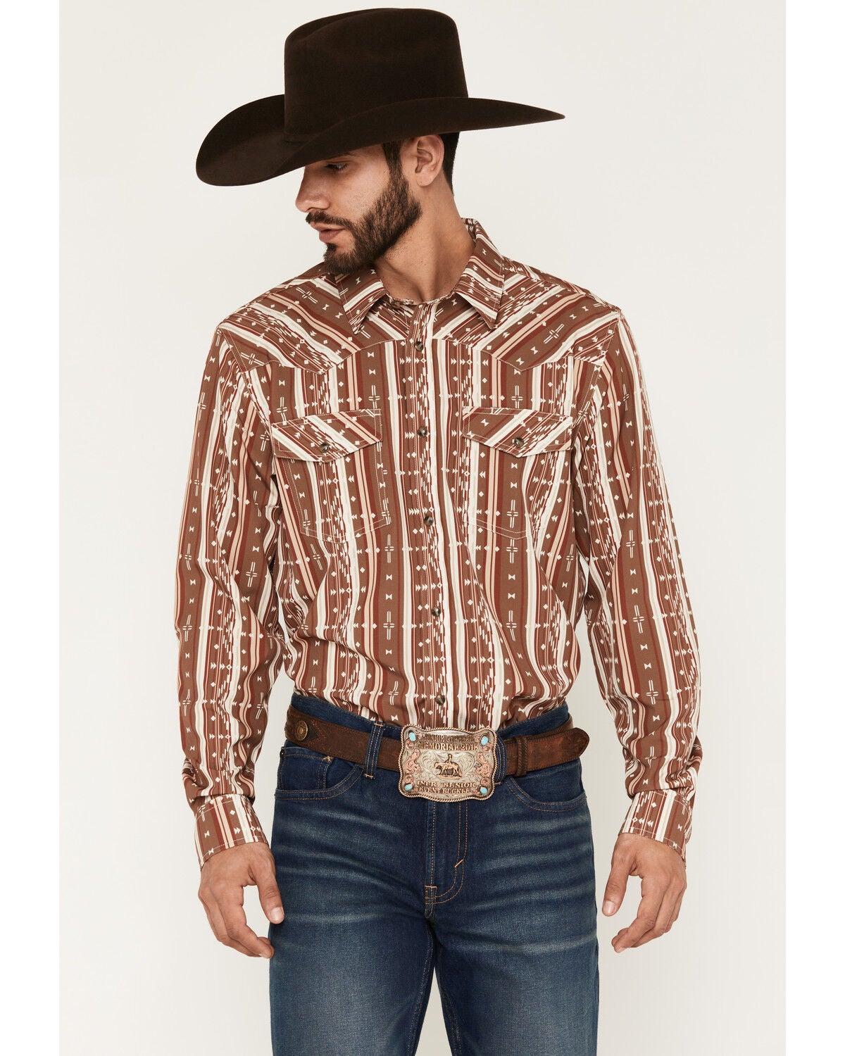 RANK 45&reg; Men's Mesa Trail Southwestern Striped Rodeo Tech 2.0 Long Sleeve Snap Western Shirt, Brown, hi-res
