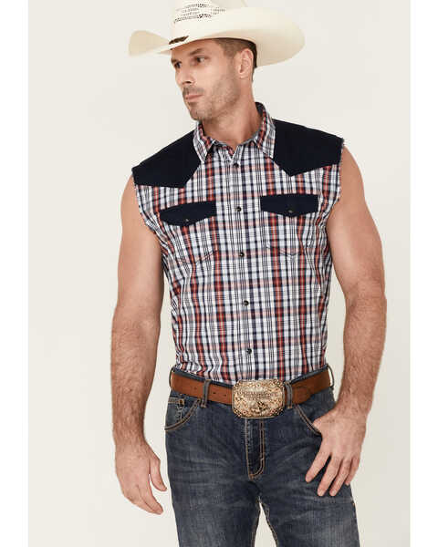 Image #1 - Cody James Men's Anthem Plaid Print Bubba Sleeveless Snap Western Shirt  , , hi-res