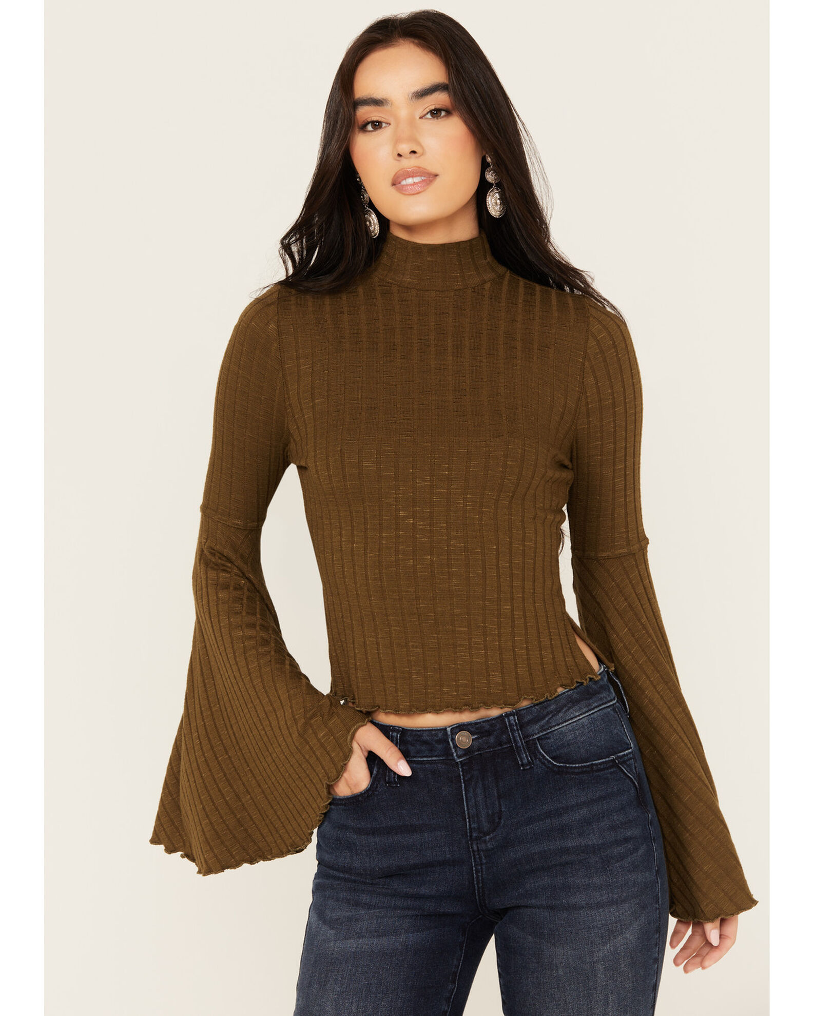 Shyanne Women s Rib Knit Mock Neck Bell Sleeve Top Country Outfitter