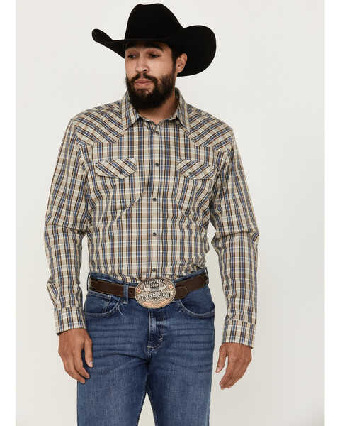 Blue Ranchwear Men's Pradera Plaid Print Long Sleeve Pearl Snap Western Shirt , Indigo, hi-res