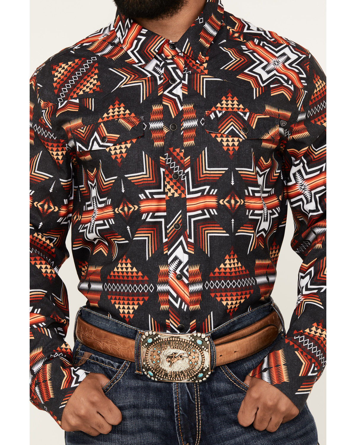 Image #3 - Rock & Roll Denim Men's Tek Southwestern Print Short Sleeve Snap Western Shirt, Black, hi-res