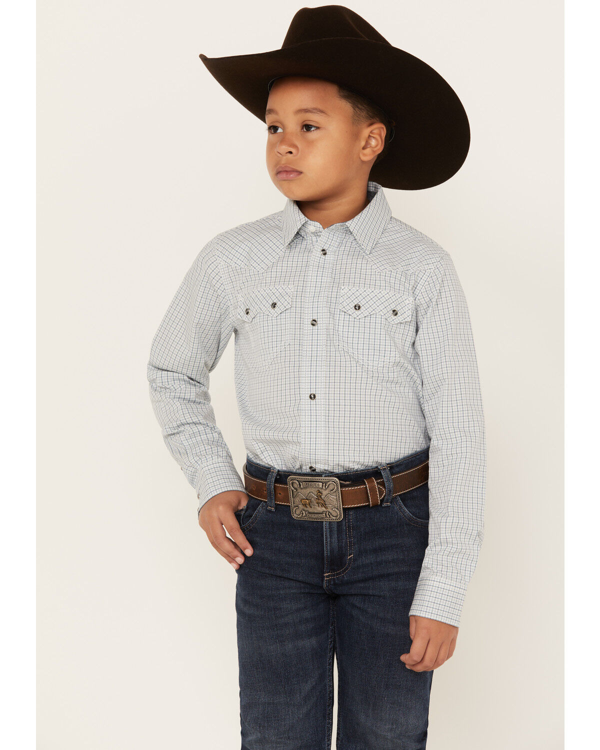Image #1 - Cody James Boys' Hoof Grid Print Long Sleeve Snap Western Shirt, Sage, hi-res