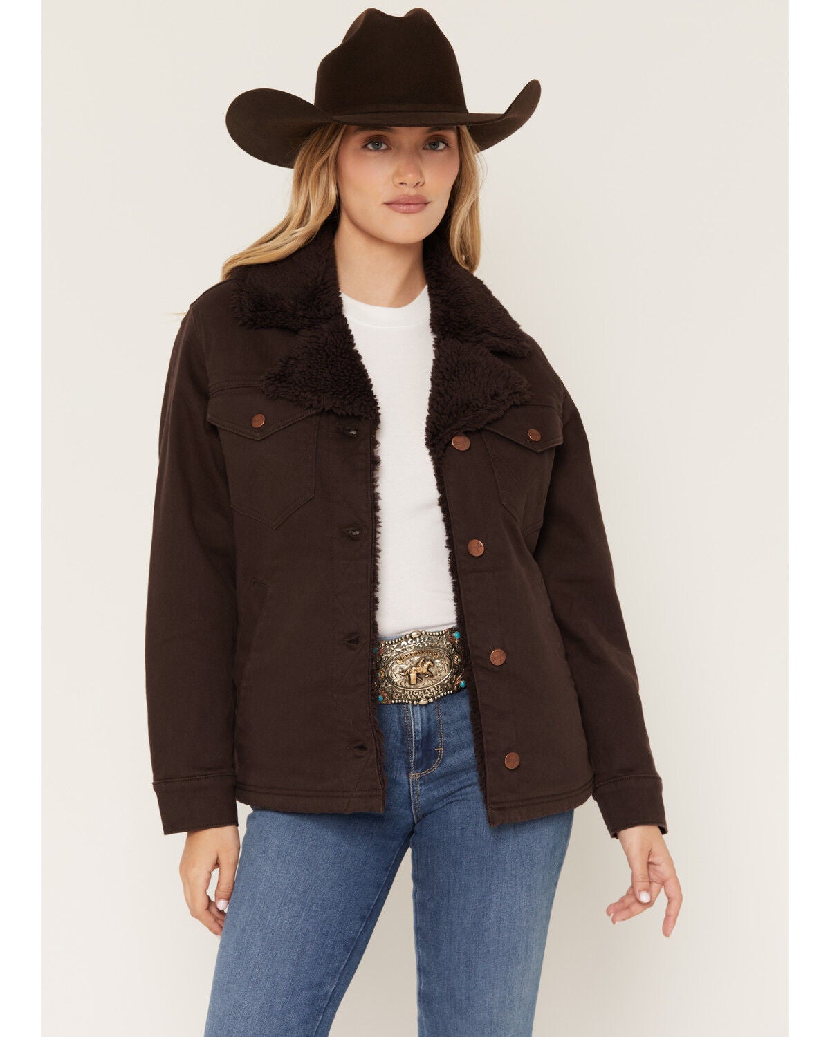 Wrangler Women's Sherpa Lined Button-Down Coat, Brown, hi-res
