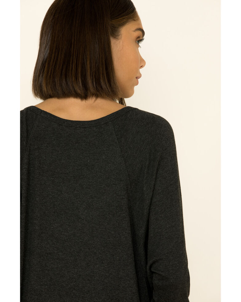 Angie Women's Heather Rib Slouchy Knit Long Sleeve Top , Charcoal, hi-res