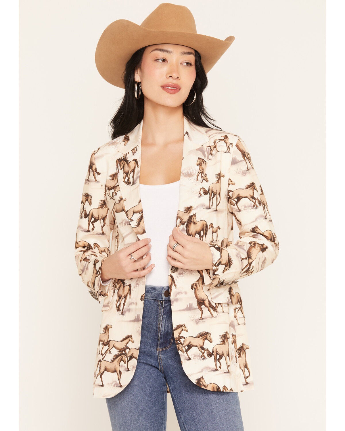 Lovlei Ranch Women's Wild and Free Wild Horse Print Blazer, Ivory, hi-res