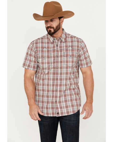 Moonshine Spirit Men's Steel Drum Plaid Print Short Sleeve Western Snap Shirt, Red, hi-res