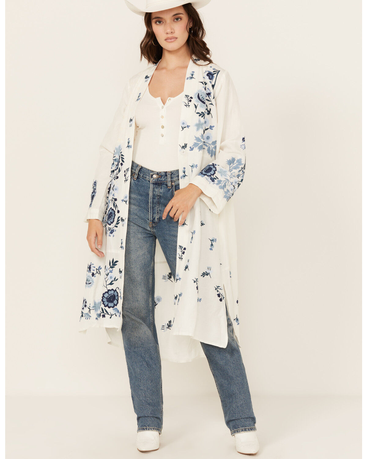Image #1 - Johnny Was Women's Floral Embroidered Long Sleeve Kimono, White, hi-res