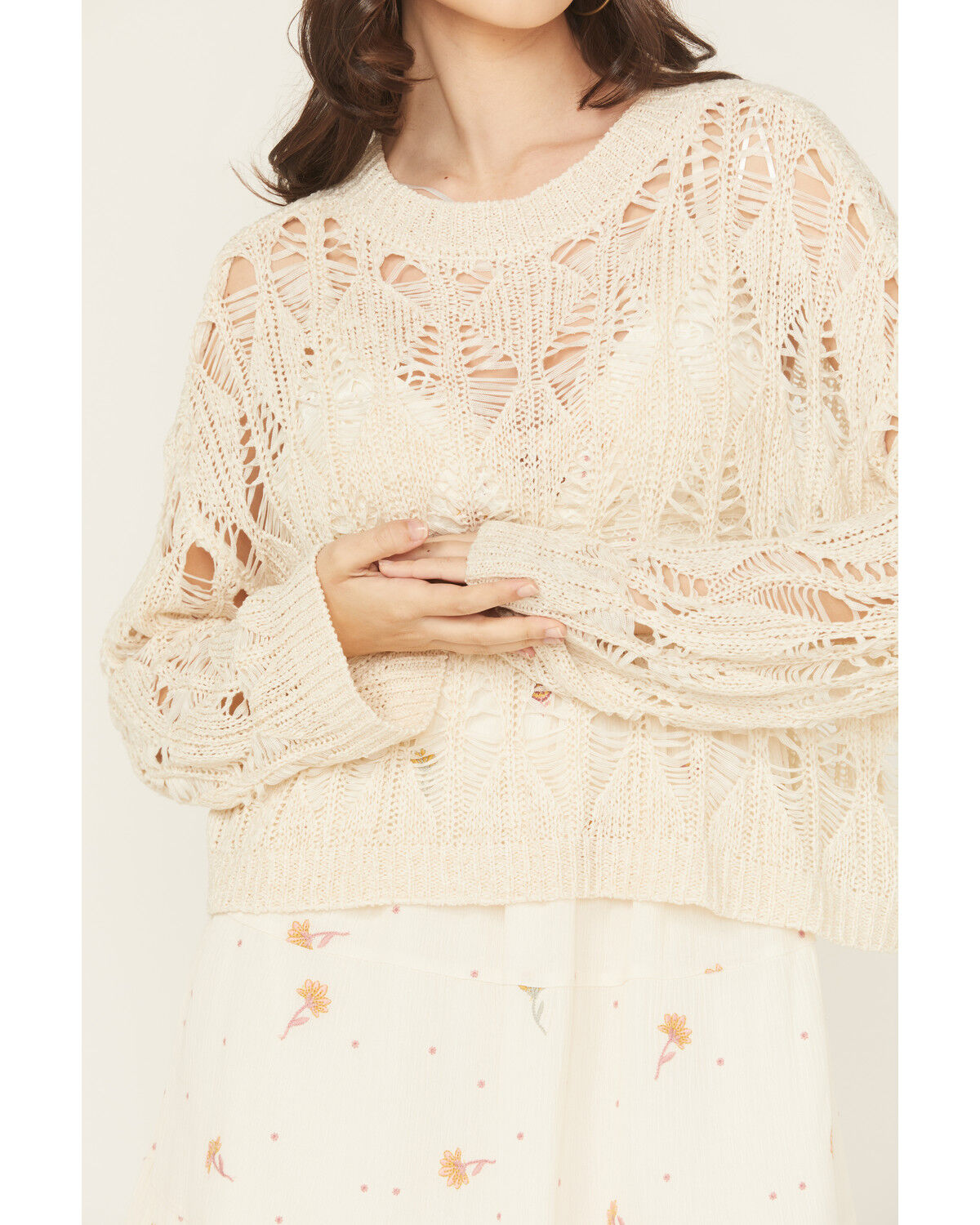 Image #3 - Rock & Roll Denim Women's Open Knit Sweater, Ivory, hi-res