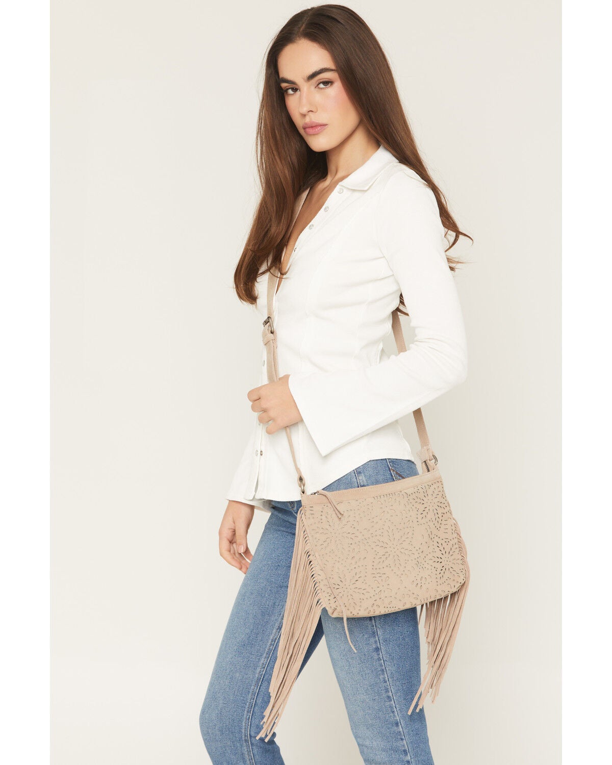 Image #1 - Shyanne Women's Avenly Floral Perforated Suede Crossbody Bag, Tan, hi-res