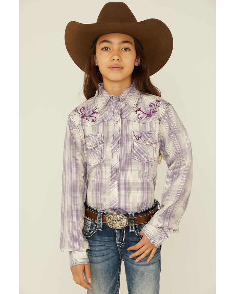 Cowgirl Hardware Girls' Birdy Embroidered Floral Purple Plaid Long Sleeve Snap Shirt, Purple, hi-res