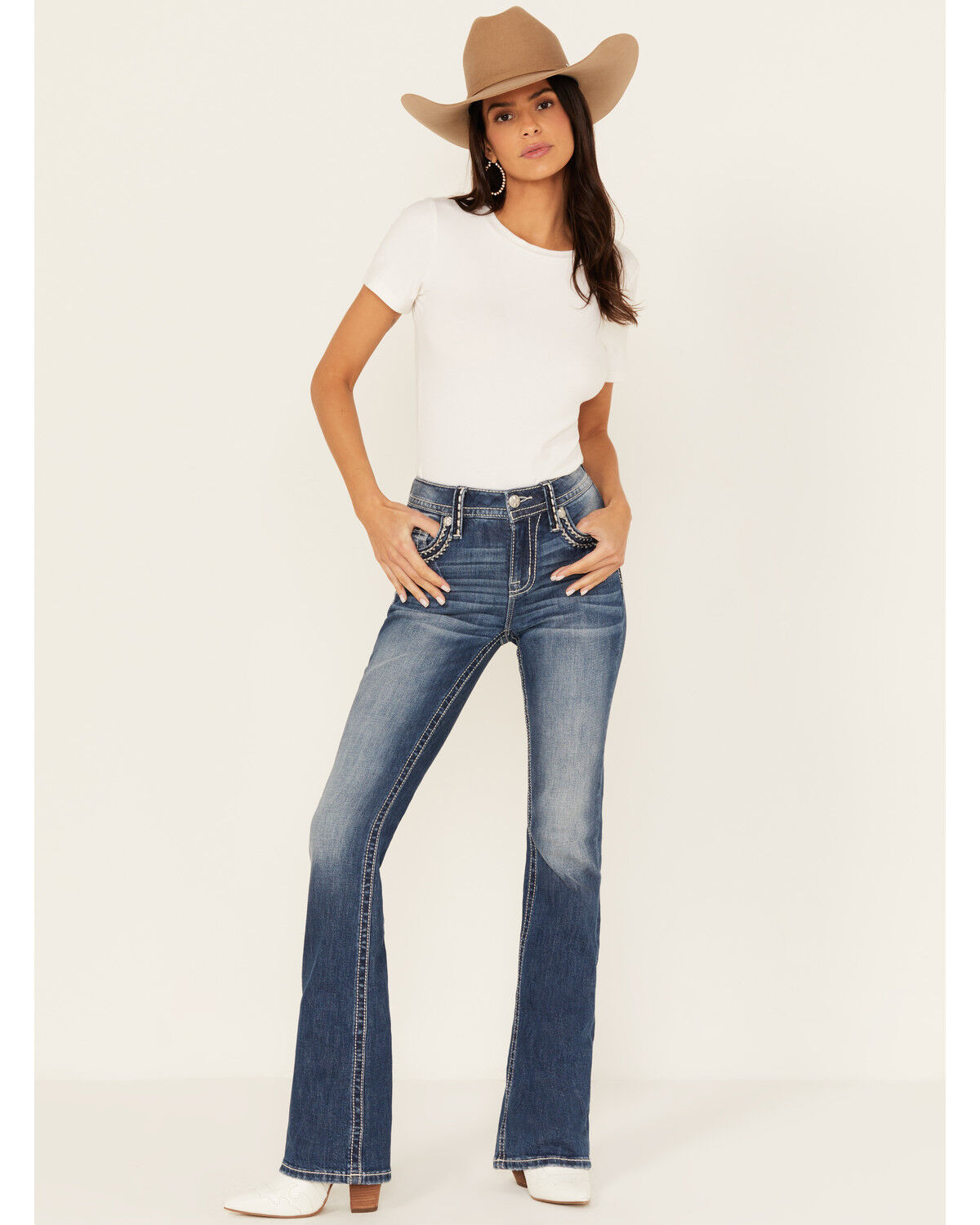 Image #3 - Miss Me Women's Medium Wash Mid Rise Border Stitch Bootcut Stretch Denim Jeans, Medium Wash, hi-res