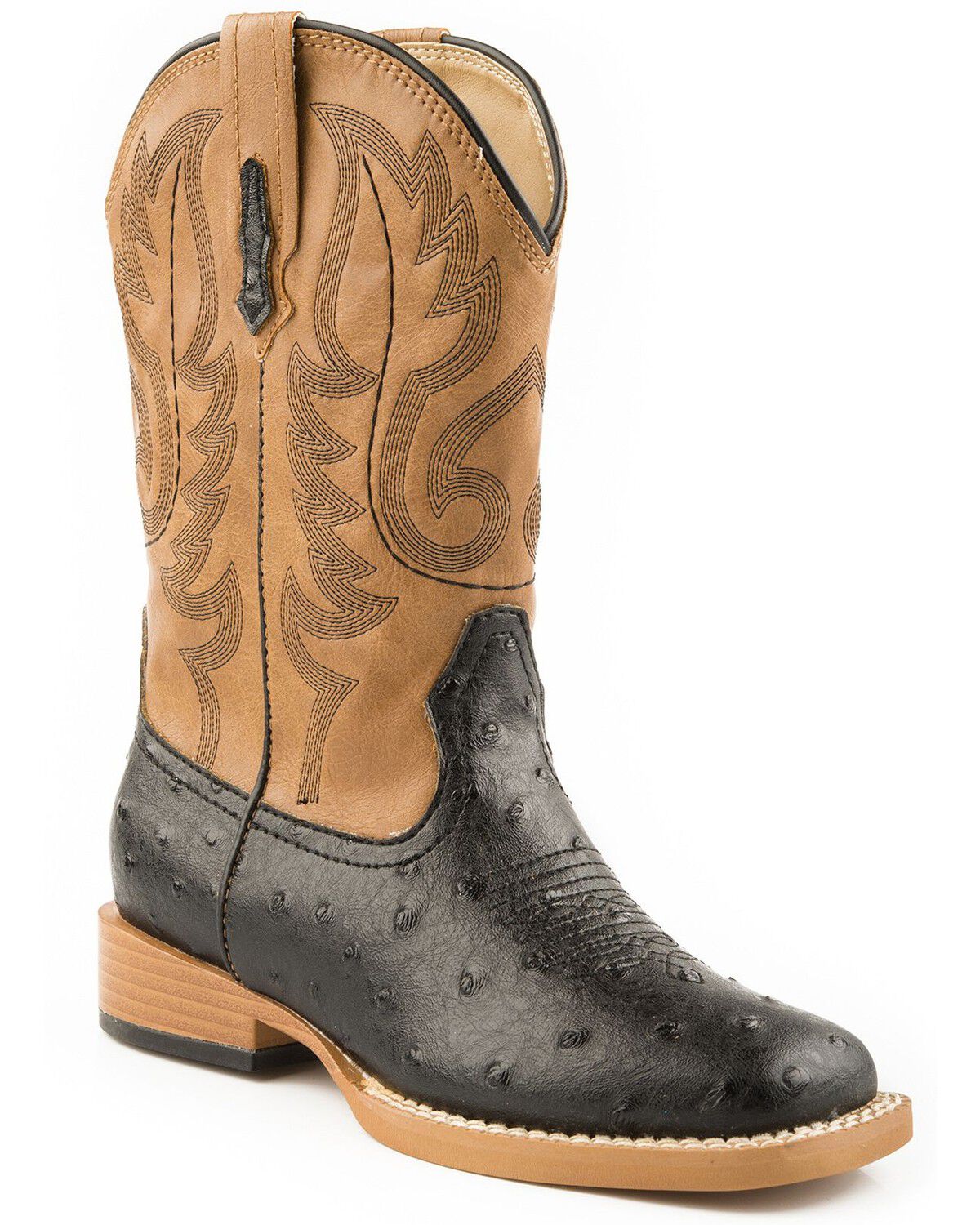 Image #1 - Roper Boys' Faux Ostrich Print Western Boots - Square Toe, Black, hi-res