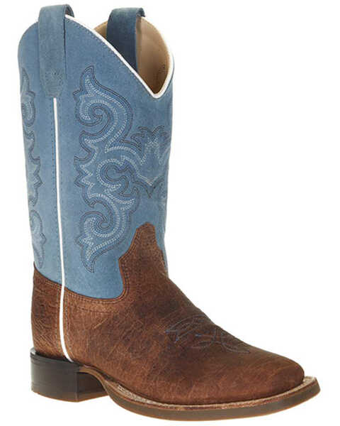 Old West Boys' Western Boots - Broad Square Toe, Brown/blue, hi-res
